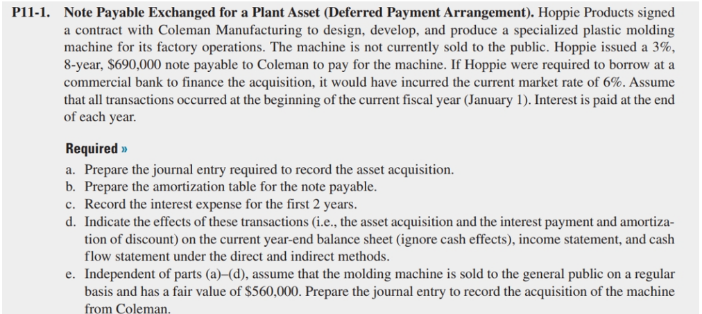 P11-1. Note Payable Exchanged for a Plant Asset (Deferred Payment Arrangement). Hoppie