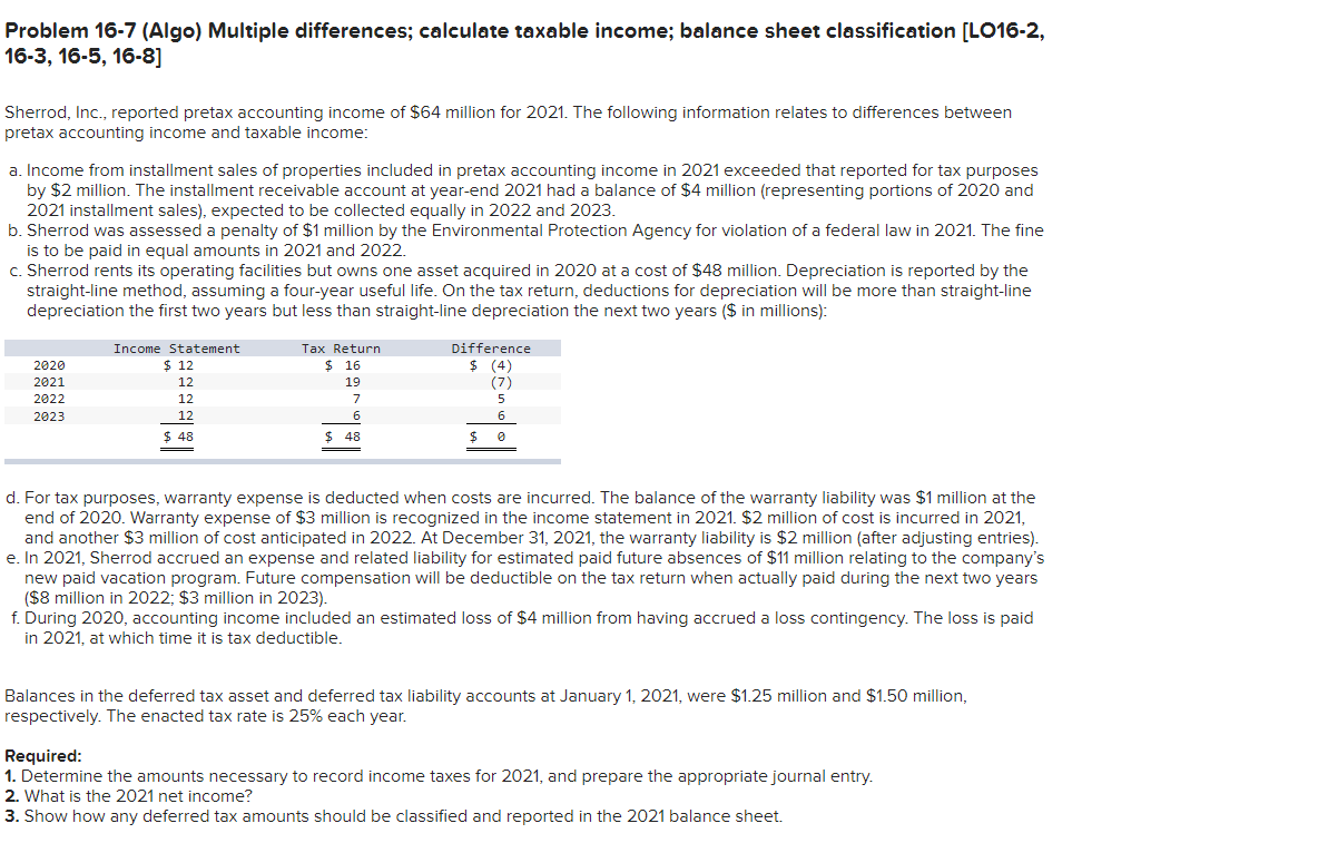 Problem 16-7 (Algo) Multiple differences; calculate taxable income; balance sheet classification [LO16-2,