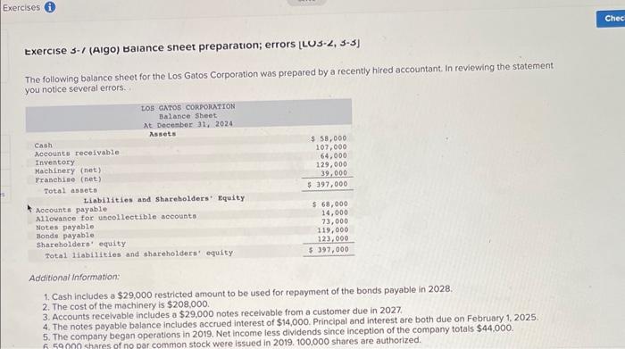 Exercises Exercise 3-/ (Aligo) Balance sheet preparation; errors [LU3-2, 3-3) The following