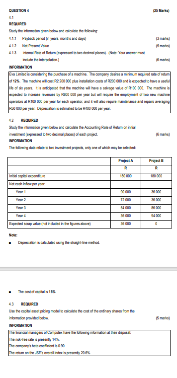 QUESTION 4 4.1 REQUIRED Study the information given below and calculate the