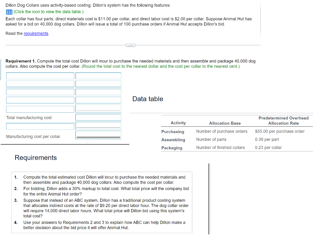 Dillon Dog Collars uses activity-based costing. Dillon's system has the following features: