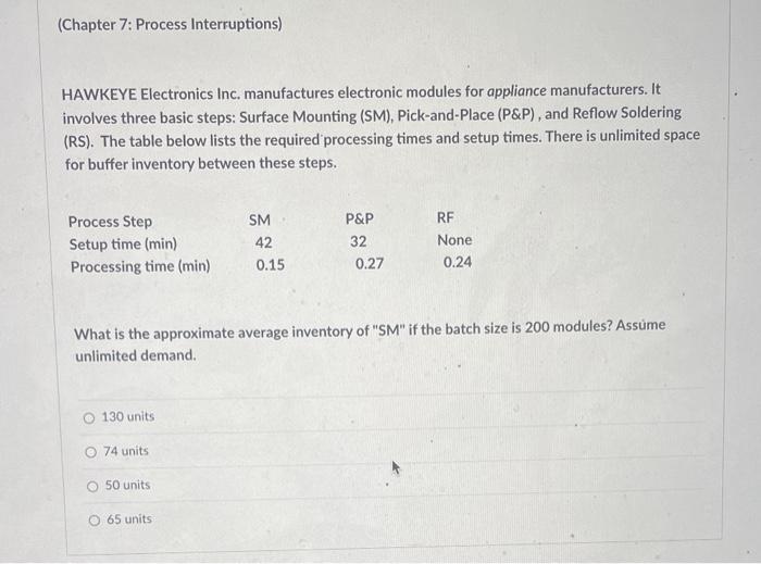 (Chapter 7: Process Interruptions) HAWKEYE Electronics Inc. manufactures electronic modules for appliance