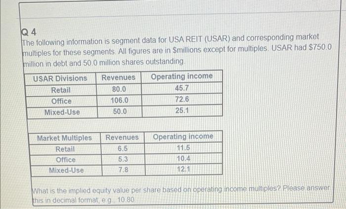 Q4 The following information is segment data for USA REIT (USAR) and