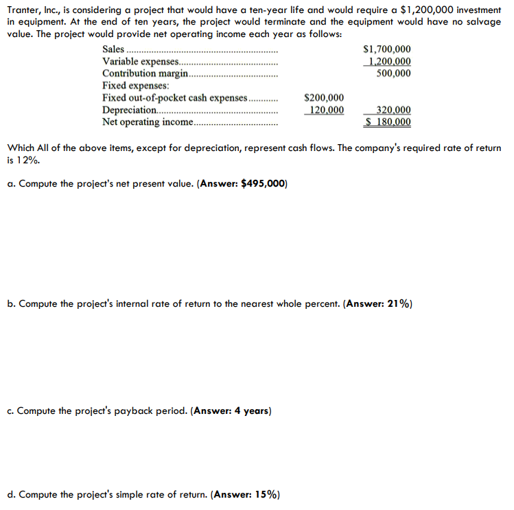 Tranter, Inc., is considering a project that would have a ten-year life
