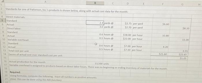 A B C D E 1 2 Standards for one of Patterson,