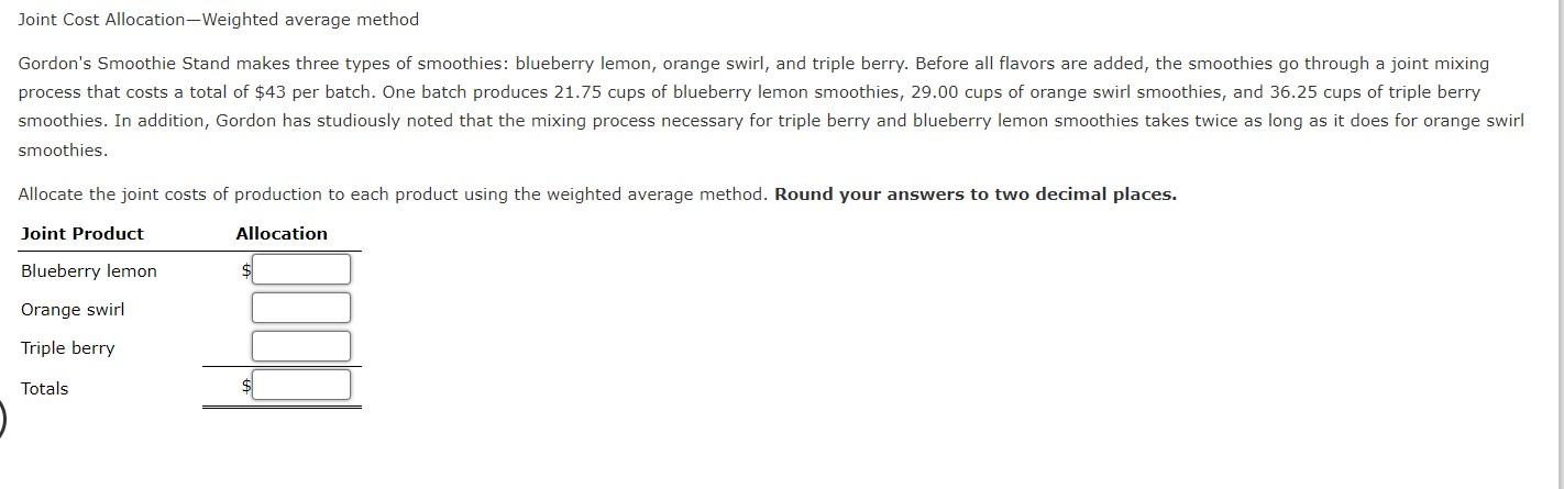 Joint Cost Allocation-Weighted average method Gordon's Smoothie Stand makes three types of