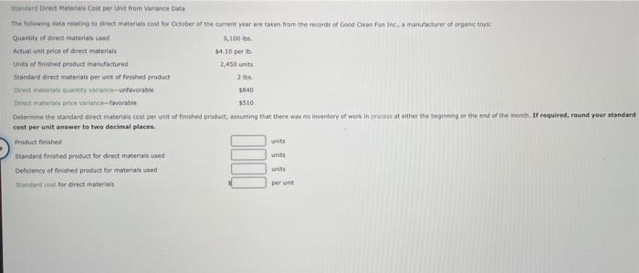 Standard Direct Matenals Cost per Unit from Variance Data The following data