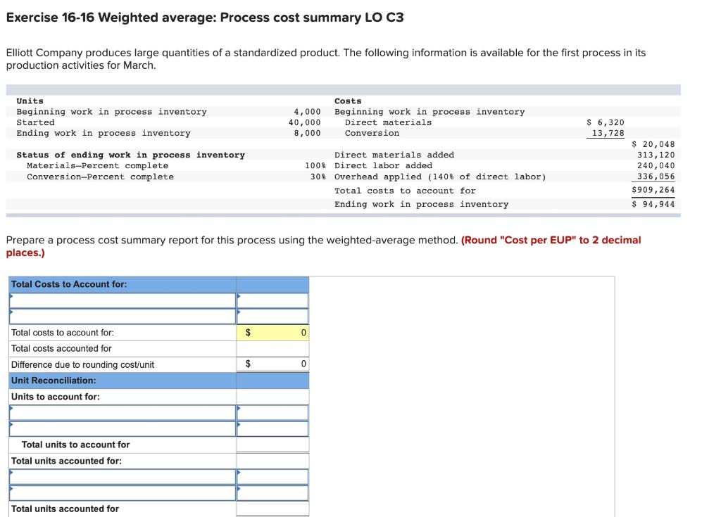 Exercise 16-16 Weighted average: Process cost summary LO C3 Elliott Company produces