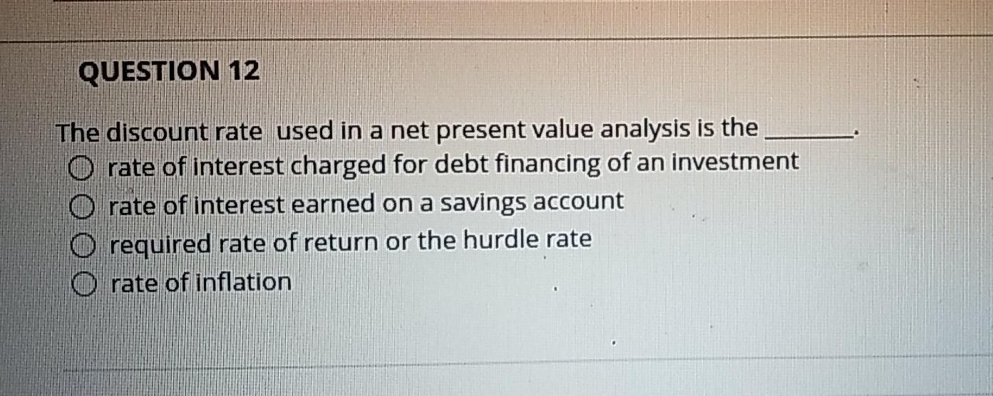 QUESTION 12 The discount rate used in a net present value analysis