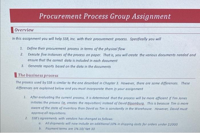 Procurement Process Group Assignment Overview In this assignment you will help SSB,