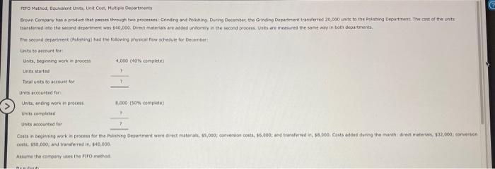 FIFO Method, Equivalent Units, Unit Cost, Multiple Departme Brown Company has a