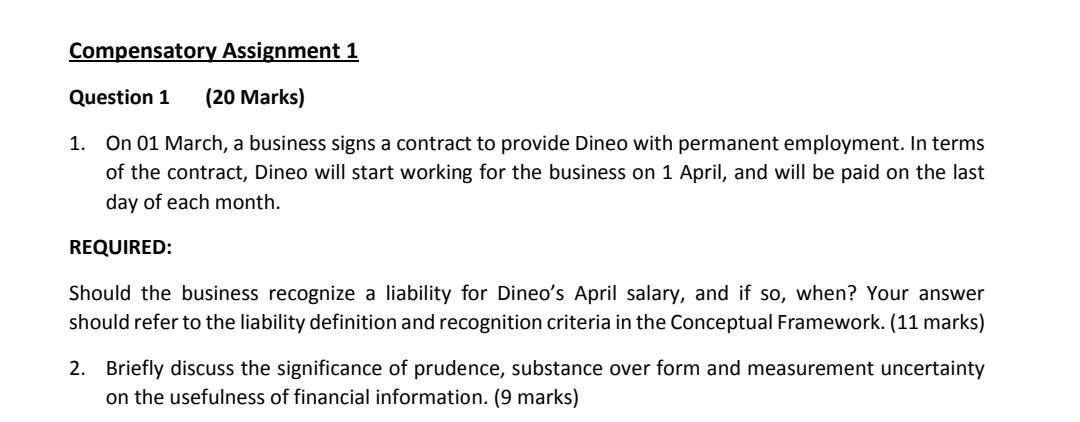 Compensatory Assignment 1 Question 1 (20 Marks) 1. On 01 March, a