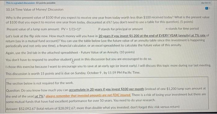 This is a graded discussion: 10 points possible 10.14 Time Value of