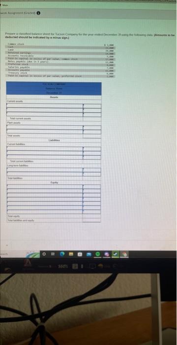 work Assignment rade A Prepare a classfod tulance sheet for Tucson Campeny