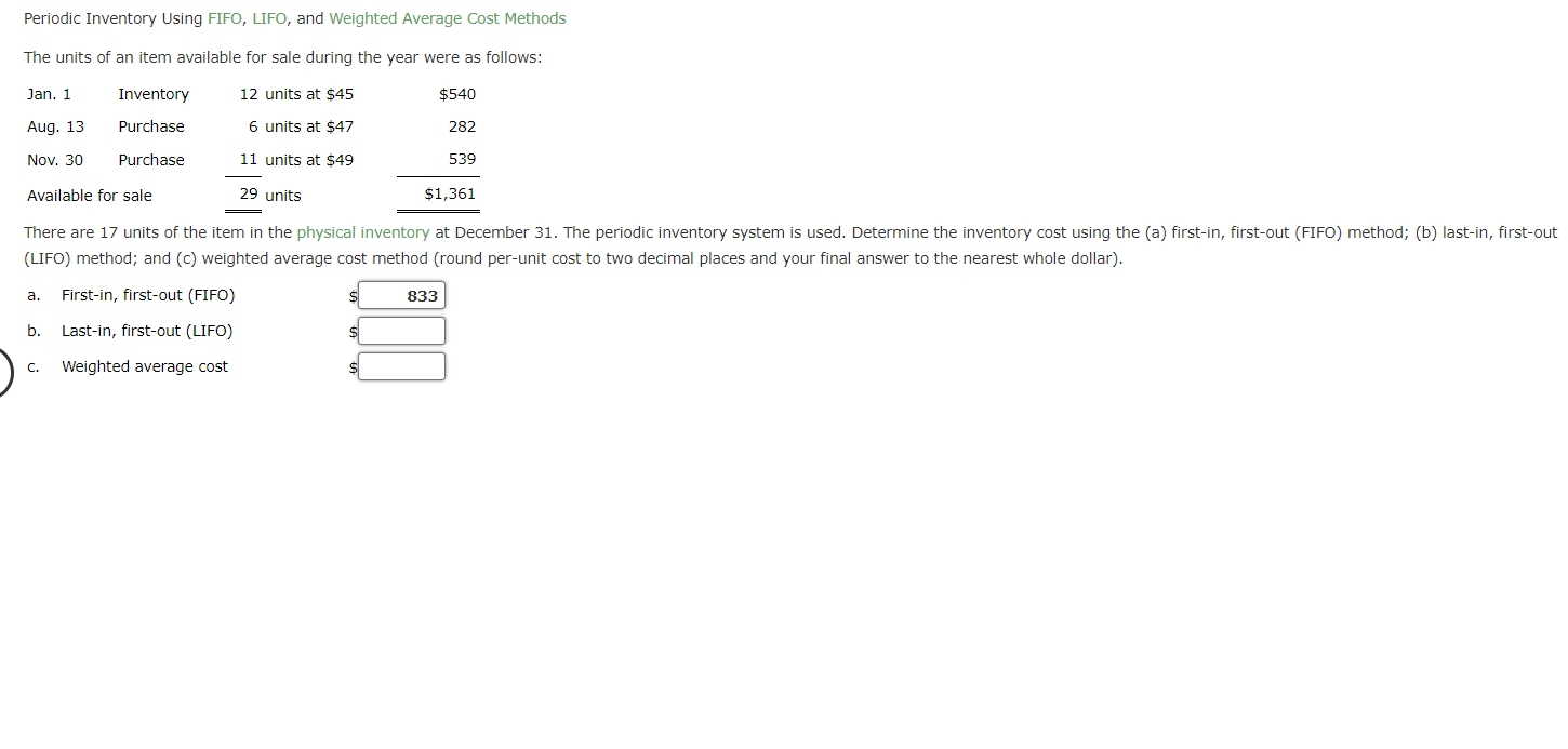 Periodic Inventory Using FIFO, LIFO, and Weighted Average Cost Methods The units