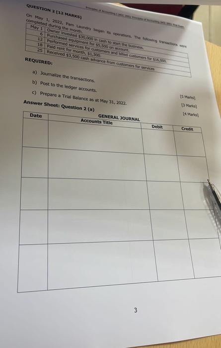 QUESTION 2 [12 MARKS) On May 1, 2022, Pam Laundry began its