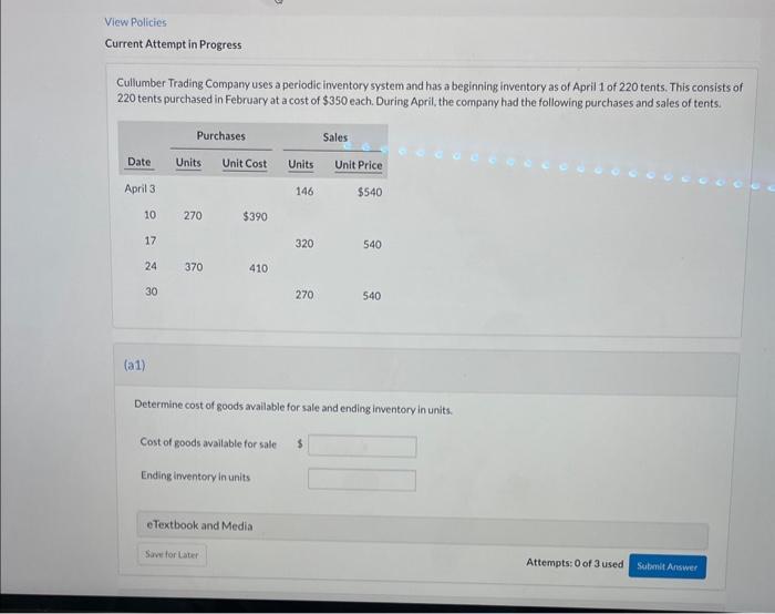 View Policies Current Attempt in Progress Cullumber Trading Company uses a periodic