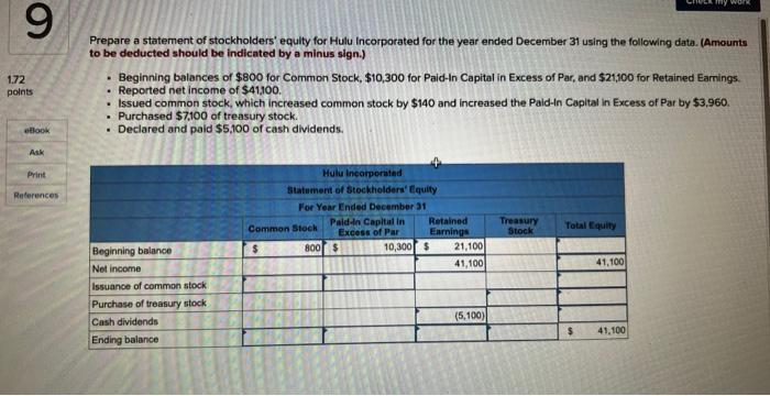9 my work 1.72 points ellook Ask Prepare a statement of stockholders'