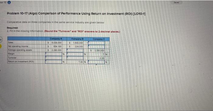 ter 10 Problem 10-17 (Algo) Comparison of Performance Using Return on Investment