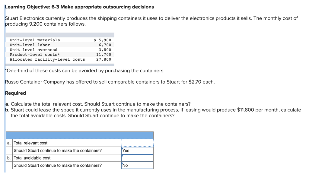 Learning Objective: 6-3 Make appropriate outsourcing decisions Stuart Electronics currently produces the