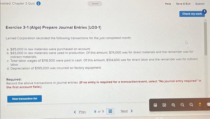 nabled: Chapter 3 Quiz Saved Help Save & Exit Submit Check my
