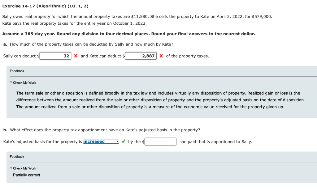 Exercise 14-17 (Algorithmic) (LO. 1, 2) Sally owns real property for which