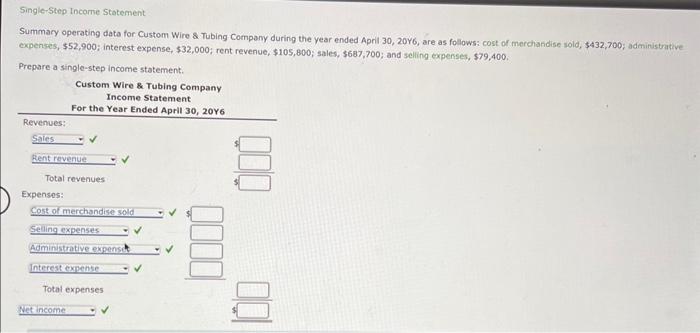 Single-Step Income Statement Summary operating data for Custom Wire & Tubing Company
