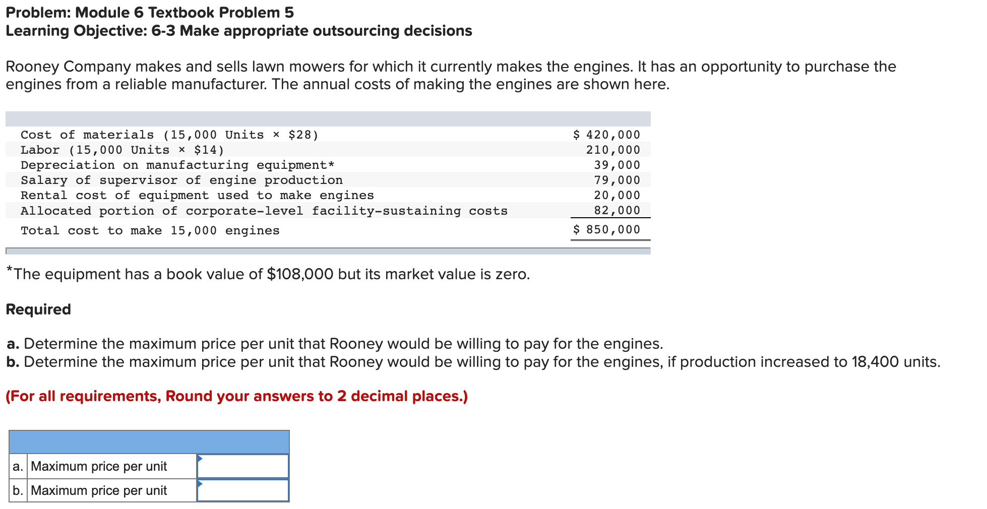 Problem: Module 6 Textbook Problem 5 Learning Objective: 6-3 Make appropriate outsourcing