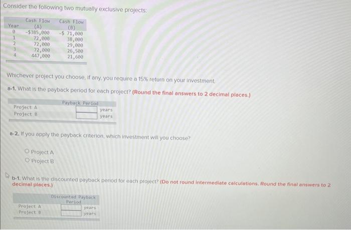 Consider the following two mutually exclusive projects: Year Cash Flow (A) 0