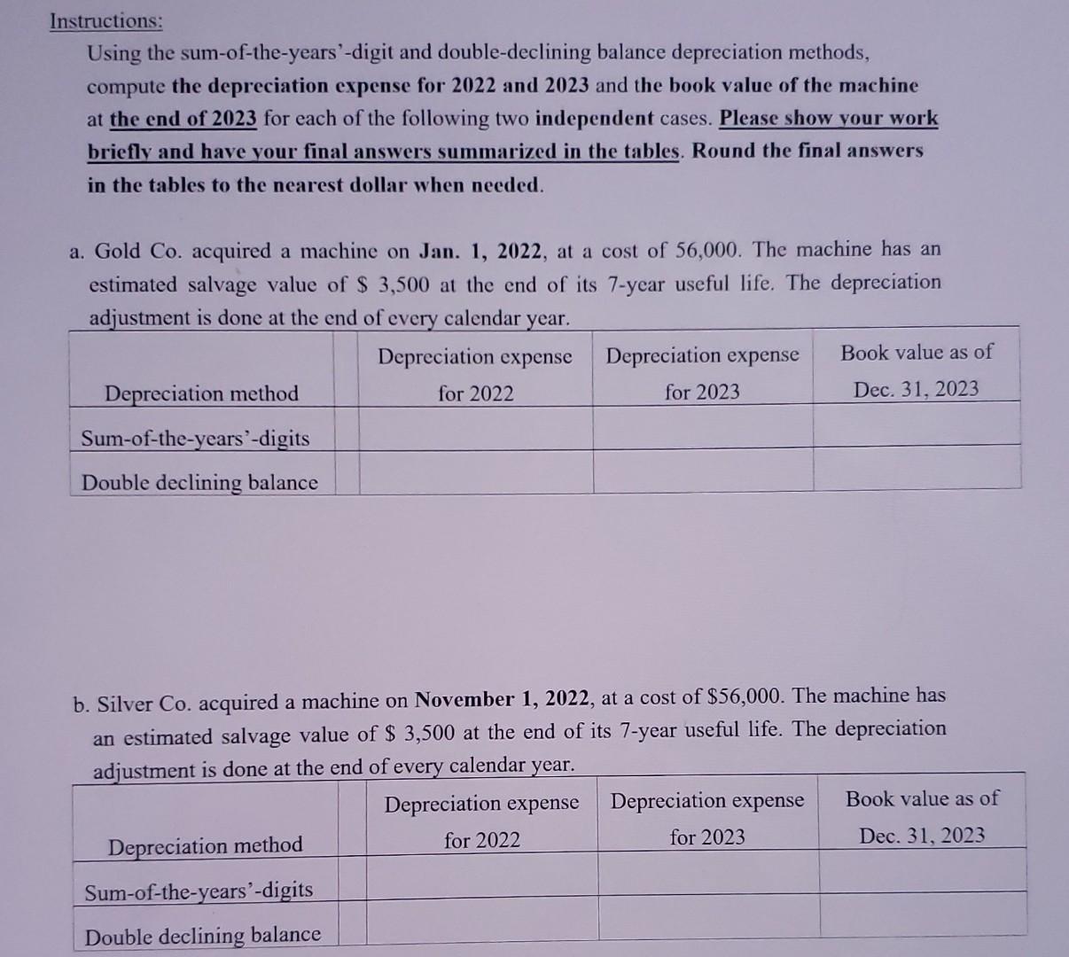 Instructions: Using the sum-of-the-years'-digit and double-declining balance depreciation methods, compute the depreciation