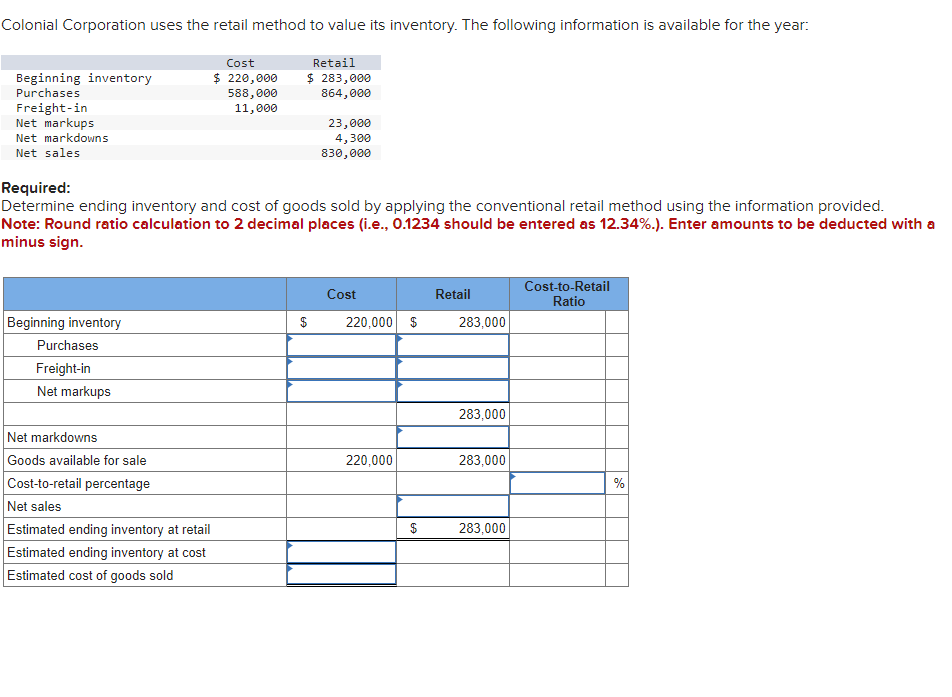 Colonial Corporation uses the retail method to value its inventory. The following