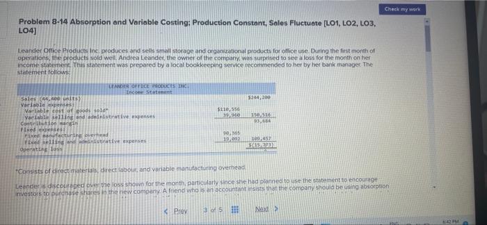 Problem 8-14 Absorption and Variable Costing; Production Constant, Sales Fluctuate [LO1, LO2,