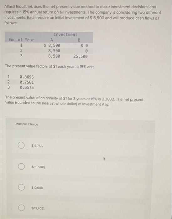 Alfarsi Industries uses the net present value method to make investment decisions