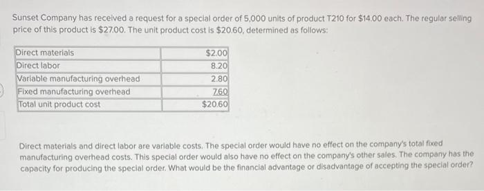 Sunset Company has received a request for a special order of 5,000