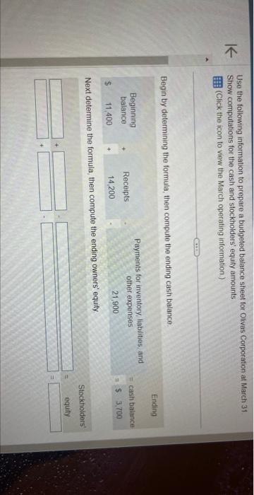 K Use the following information to prepare a budgeted balance sheet for
