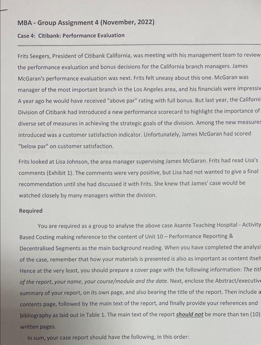 MBA Group Assignment 4 (November, 2022) Case 4: Citibank: Performance Evaluation Frits