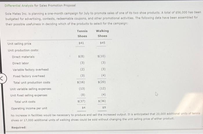 < Differential Analysis for Sales Promotion Proposal Sole Mates Inc. is planning