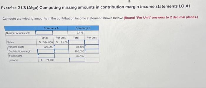 Exercise 21-8 (Algo) Computing missing amounts in contribution margin income statements LO