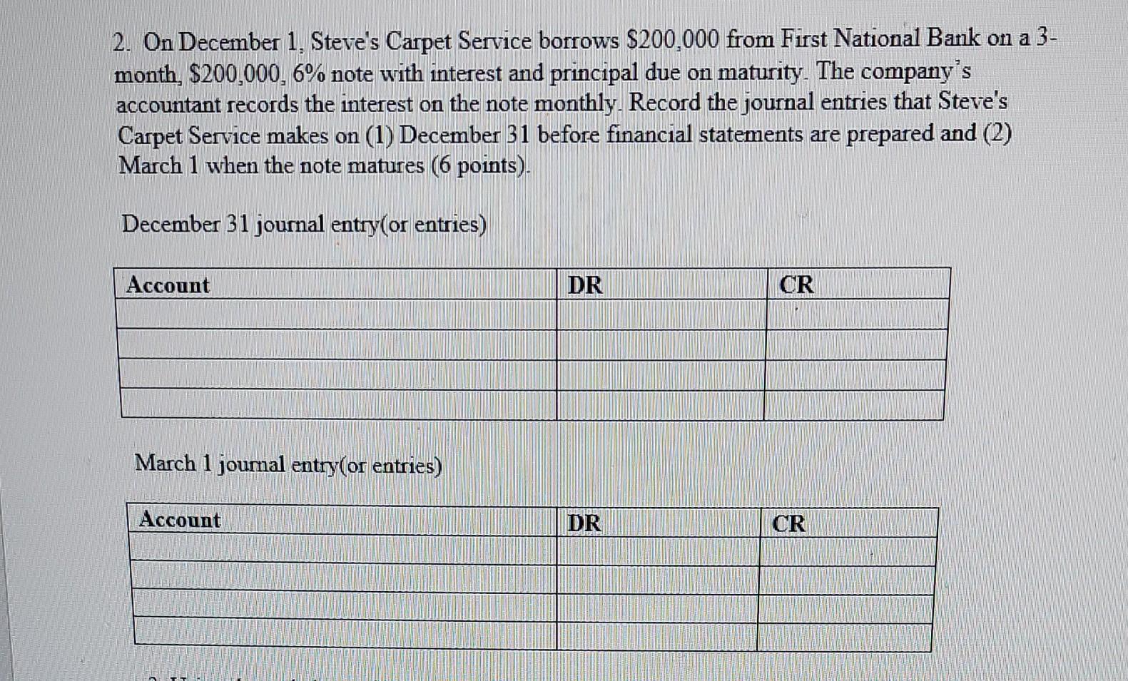 2. On December 1, Steve's Carpet Service borrows $200,000 from First National