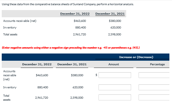 Using these data from the comparative balance sheets of Sunland Company, perform