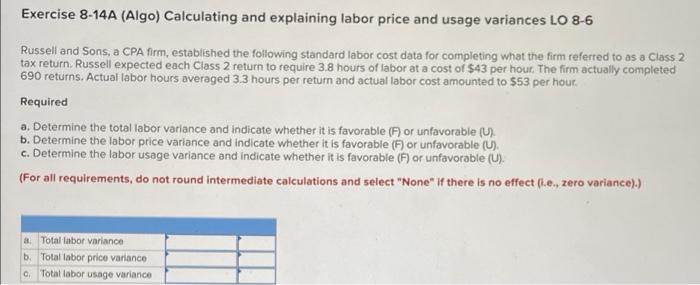 Exercise 8-14A (Algo) Calculating and explaining labor price and usage variances LO