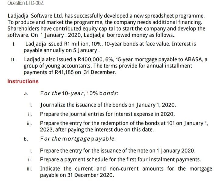 Question LTD-002. Ladjadja Software Ltd. has successfully developed a new spreadsheet programme.