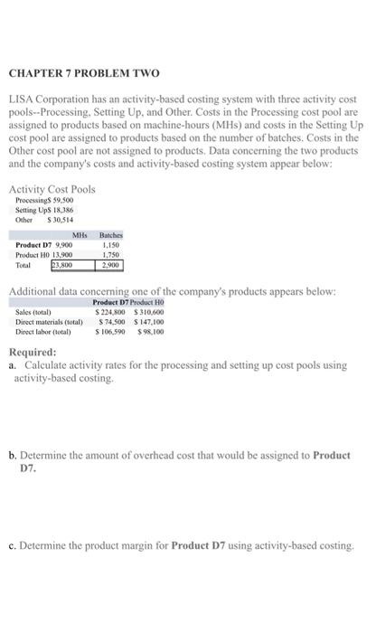CHAPTER 7 PROBLEM TWO LISA Corporation has an activity-based costing system with