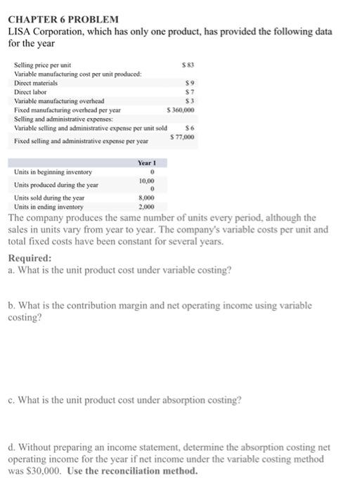 CHAPTER 6 PROBLEM LISA Corporation, which has only one product, has provided