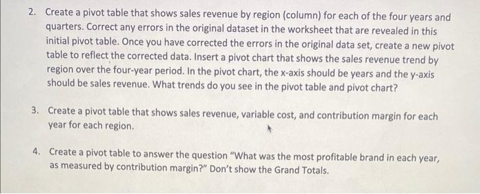 2. Create a pivot table that shows sales revenue by region (column)