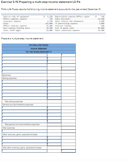 Exercise 5-15 Preparing a multi-step Income statement LO P4 Fit-for-Life Foods reports