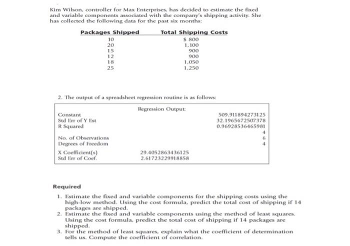 Kim Wilson, controller for Max Enterprises, has decided to estimate the fixed