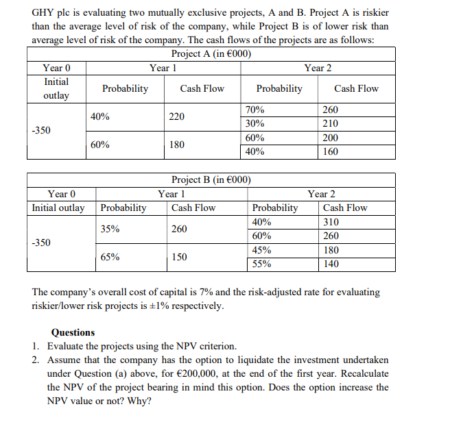 GHY plc is evaluating two mutually exclusive projects, A and B. Project