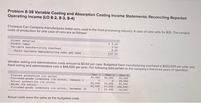 Problem 8-38 Variable Costing and Absorption Costing Income Statements; Reconciling Reported Operating