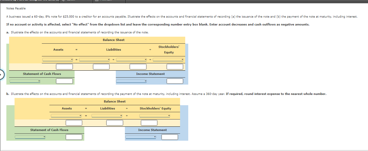 Notes Payable A business issued a 60-day, 8% note for $25,000 to